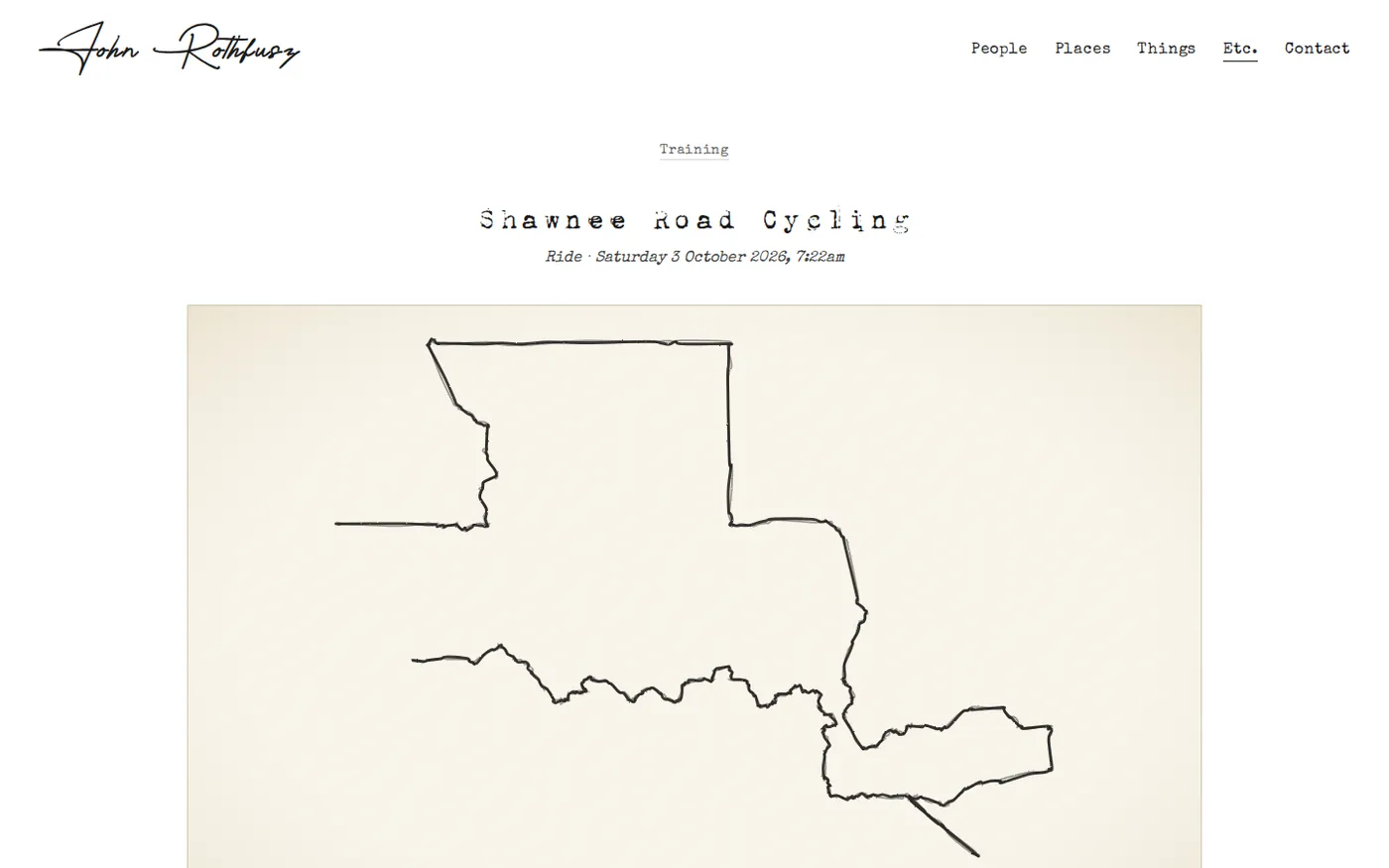 A hand-drawn-style line map of a looping bike route on the Training page, for a Saturday road ride in Shawnee