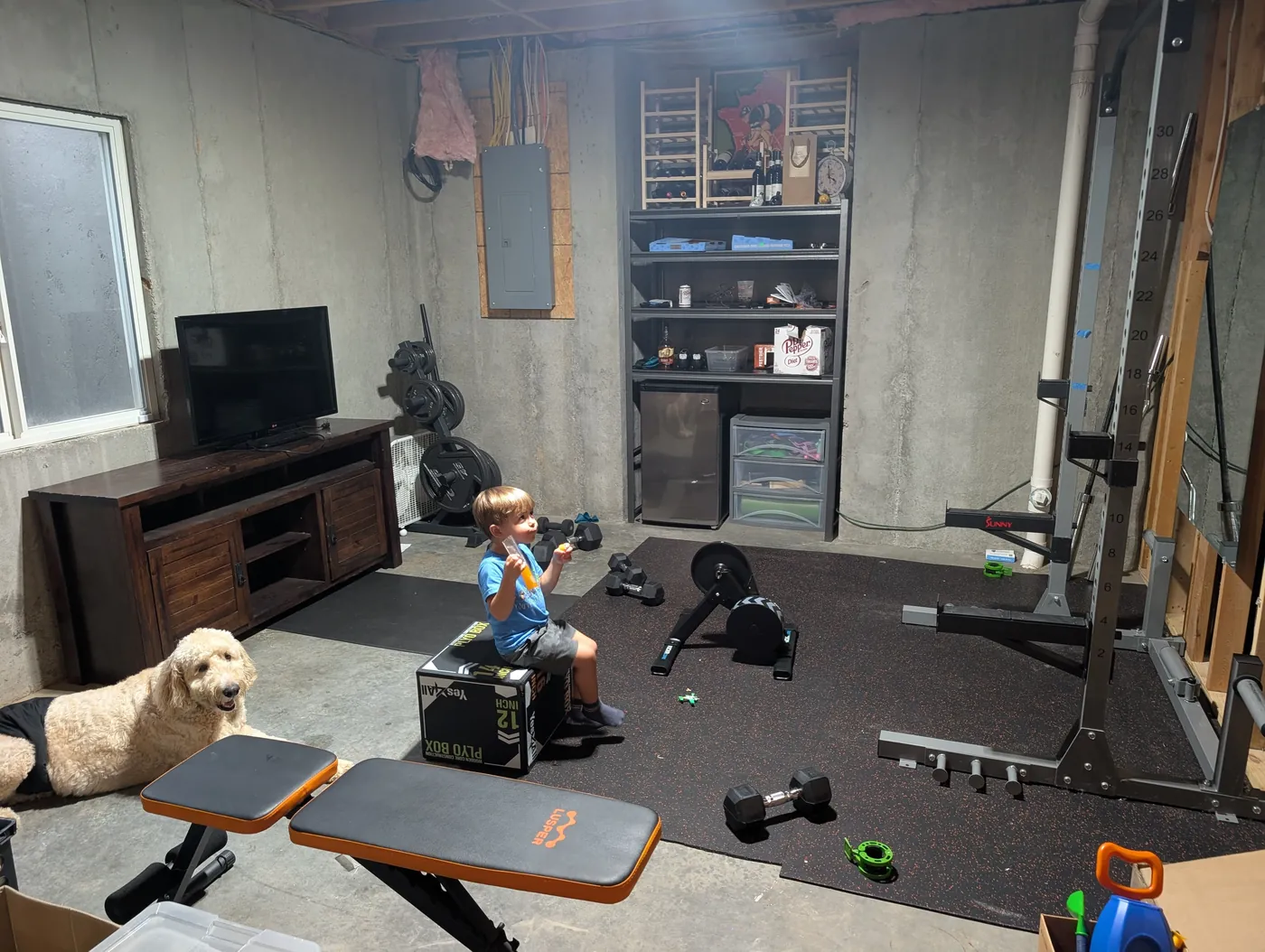 A basement workout area mid-setup with boxes still out, a young kid sitting on a plyo box eating a popsicle, a dog lying nearby