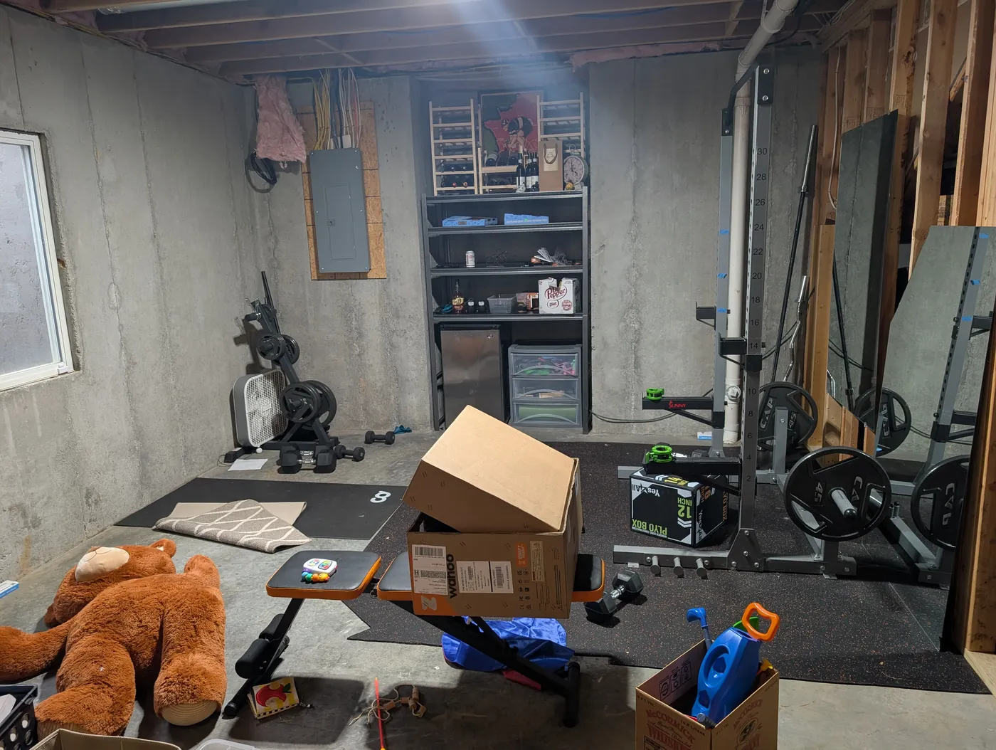 A basement corner with a squat rack, plyo box and dumbbell shelving, no TV or bike trainer set up yet