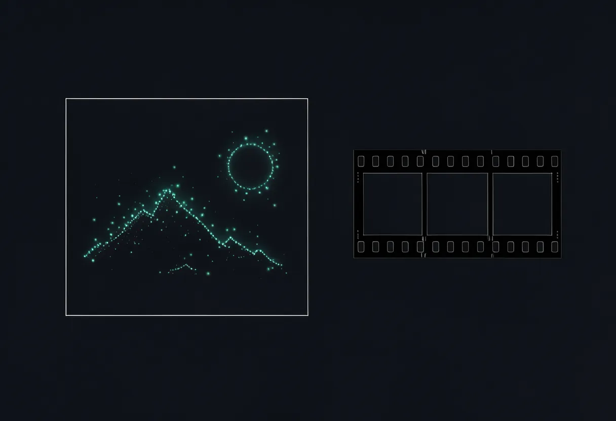 A thin white square canvas on a dark background with dots of teal light gathering inside it into the shape of a mountain and a sun, and a short film strip of three empty frames beside it