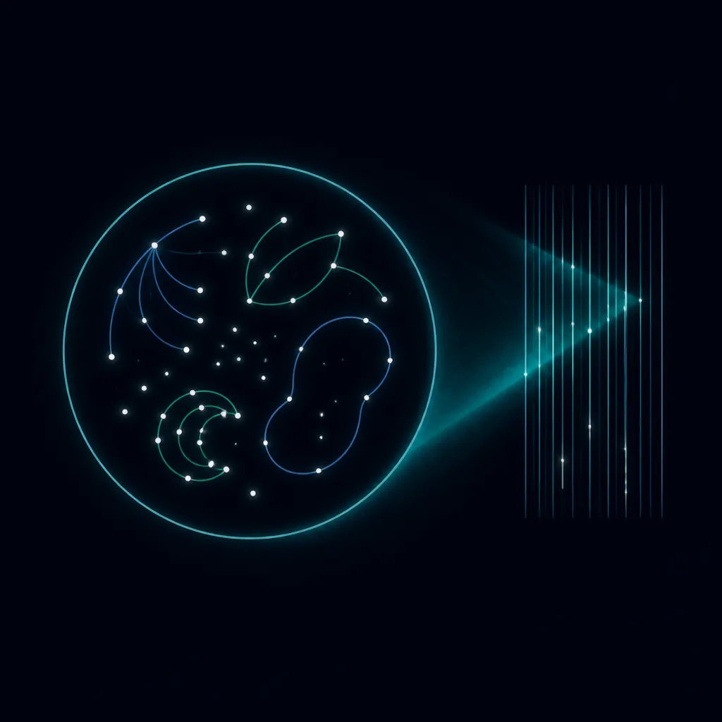 A glowing teal circle like a plate seen from above, with small dots and curved lines inside it, and a soft beam of light running from it across a set of thin vertical lines like a barcode