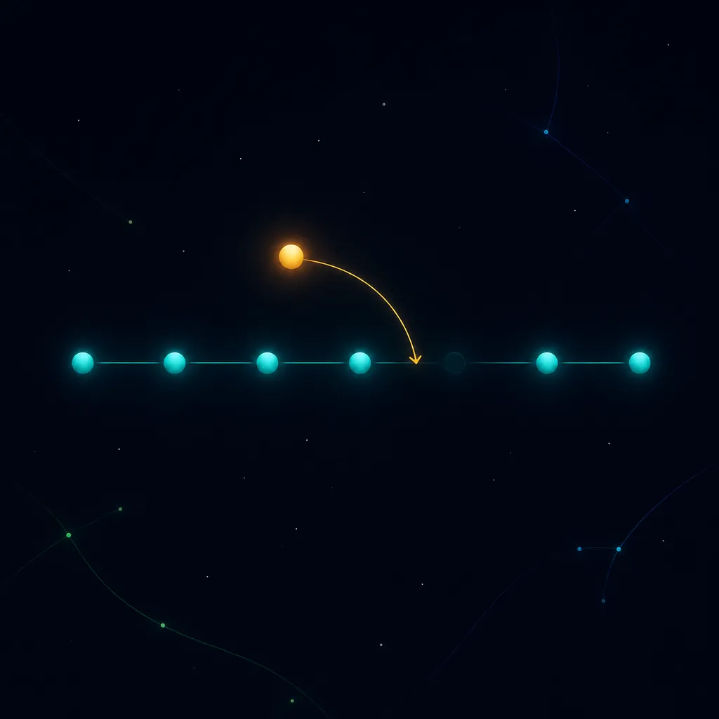 Seven glowing teal dots in a row joined by a thin line, with one amber dot above the row and a curved amber arrow carrying it down into a gap in the row