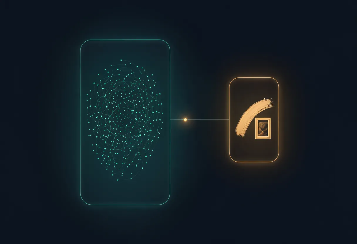 Two tall rounded boxes side by side on a dark background. The large one on the left glows teal and is filled with a web of small dots and thin lines. The smaller one on the right glows amber and holds a single brush stroke and a small picture frame, with a thin line and a small point of light connecting them