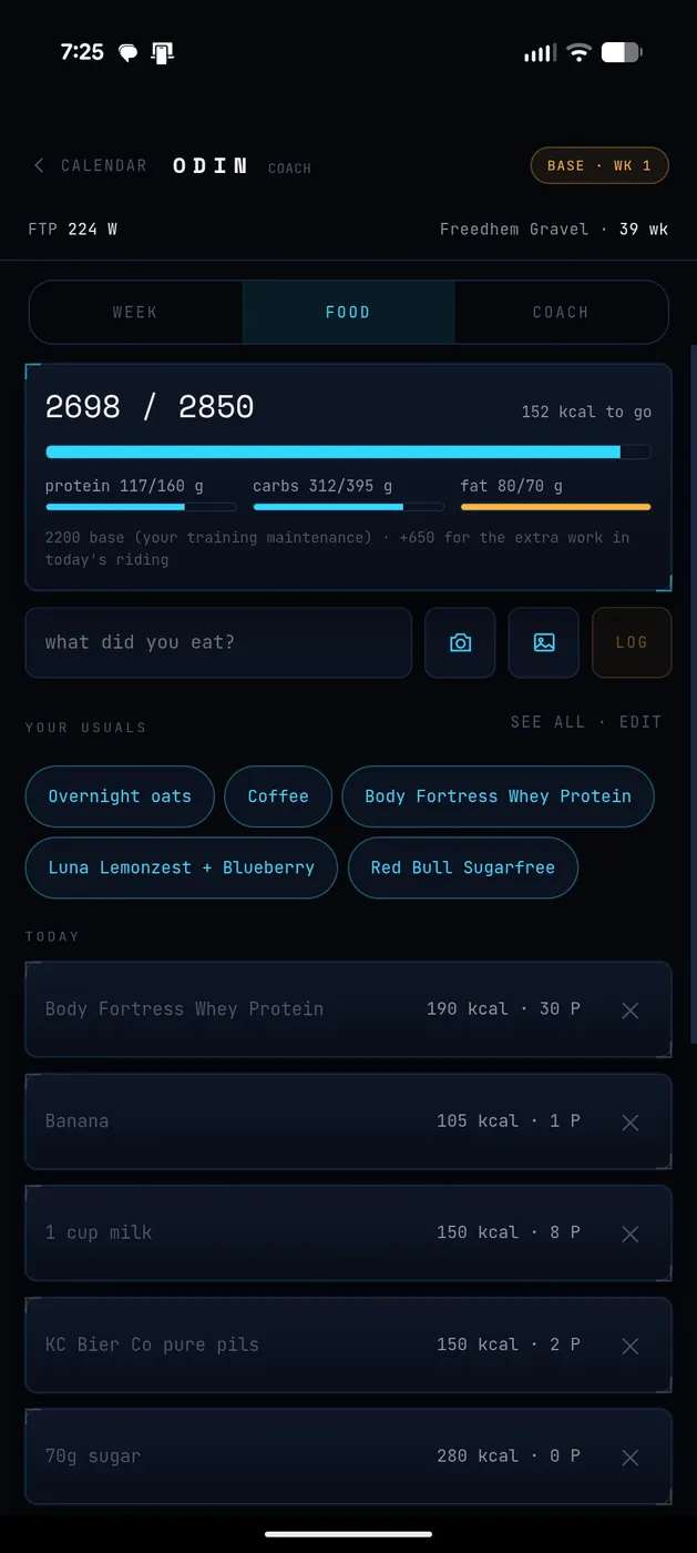 Phone screenshot of Odin's Coach screen on the Food tab: 2698 of 2850 calories with bars for protein, carbs and fat, a box to type what you ate with camera and photo buttons, a row of usual foods, and the day's logged items below