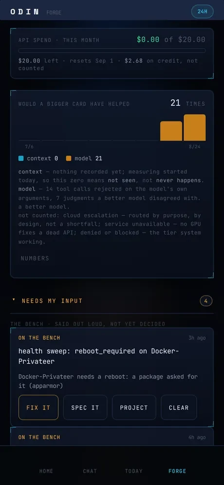 Odin's Forge screen showing spend, a chart, and a maintenance item needing input