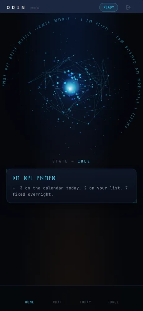 Odin's home screen: a glowing core surrounded by a swarm of dots, with a summary line underneath