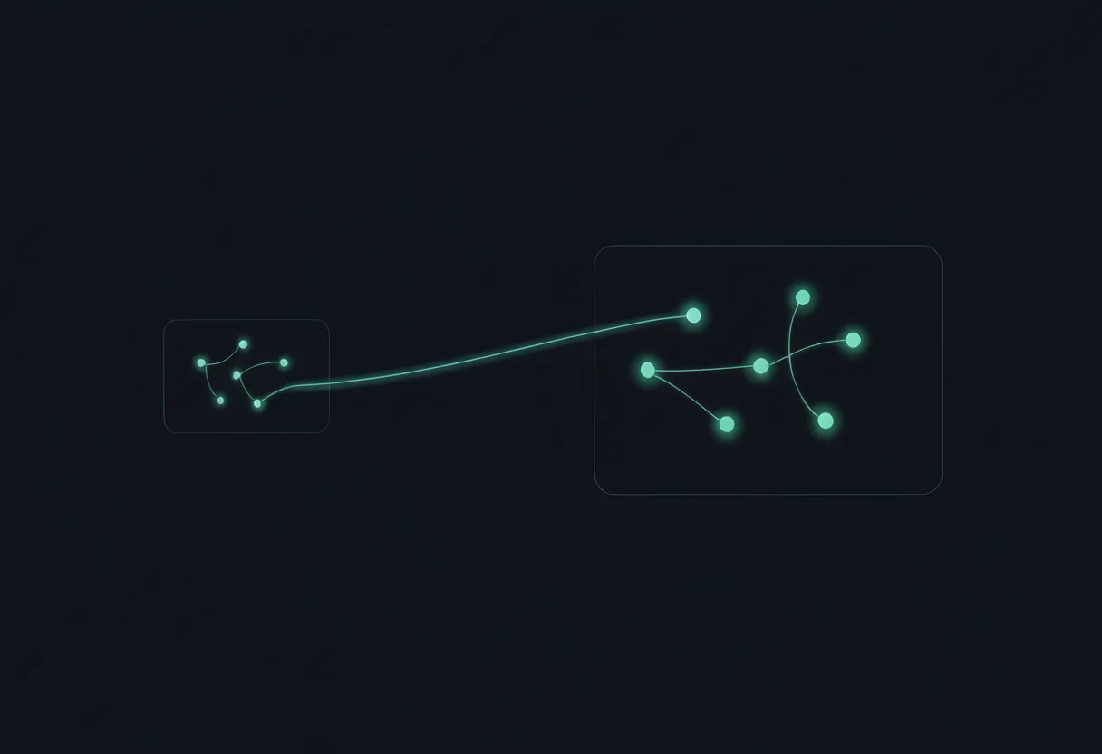 A small rounded box on the left holding a few glowing teal dots joined by thin lines, with one bright line arcing across the dark frame to a much larger rounded box on the right holding the same dots spread out