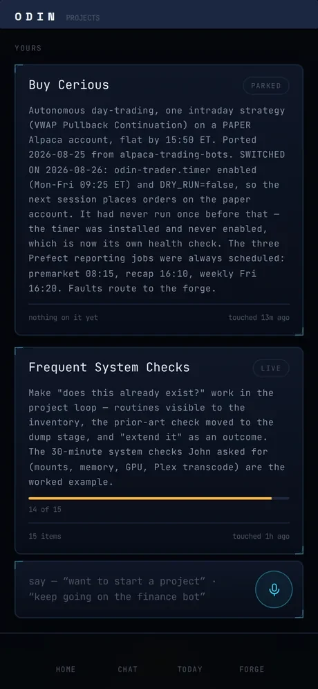 Odin's projects screen listing two projects with status and notes