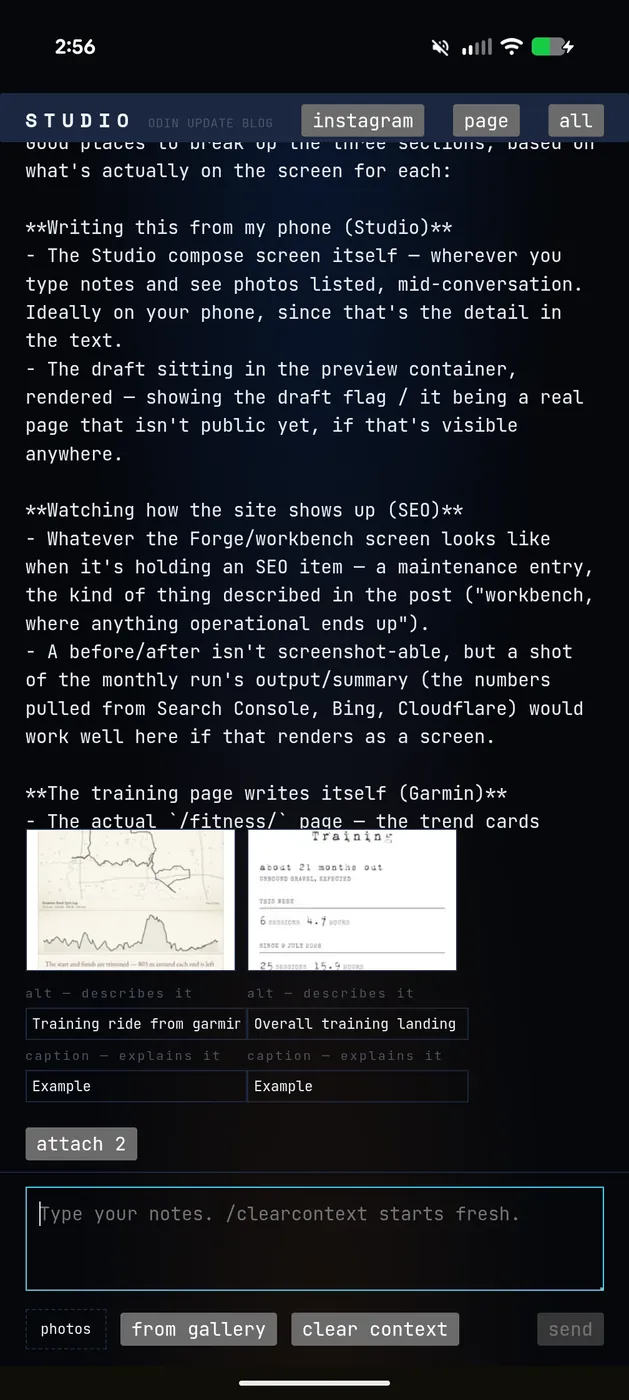 Phone screenshot of Studio, the site's browser-based post editor: a running conversation, two staged photos with alt text and caption fields under them, and a note box below to keep writing