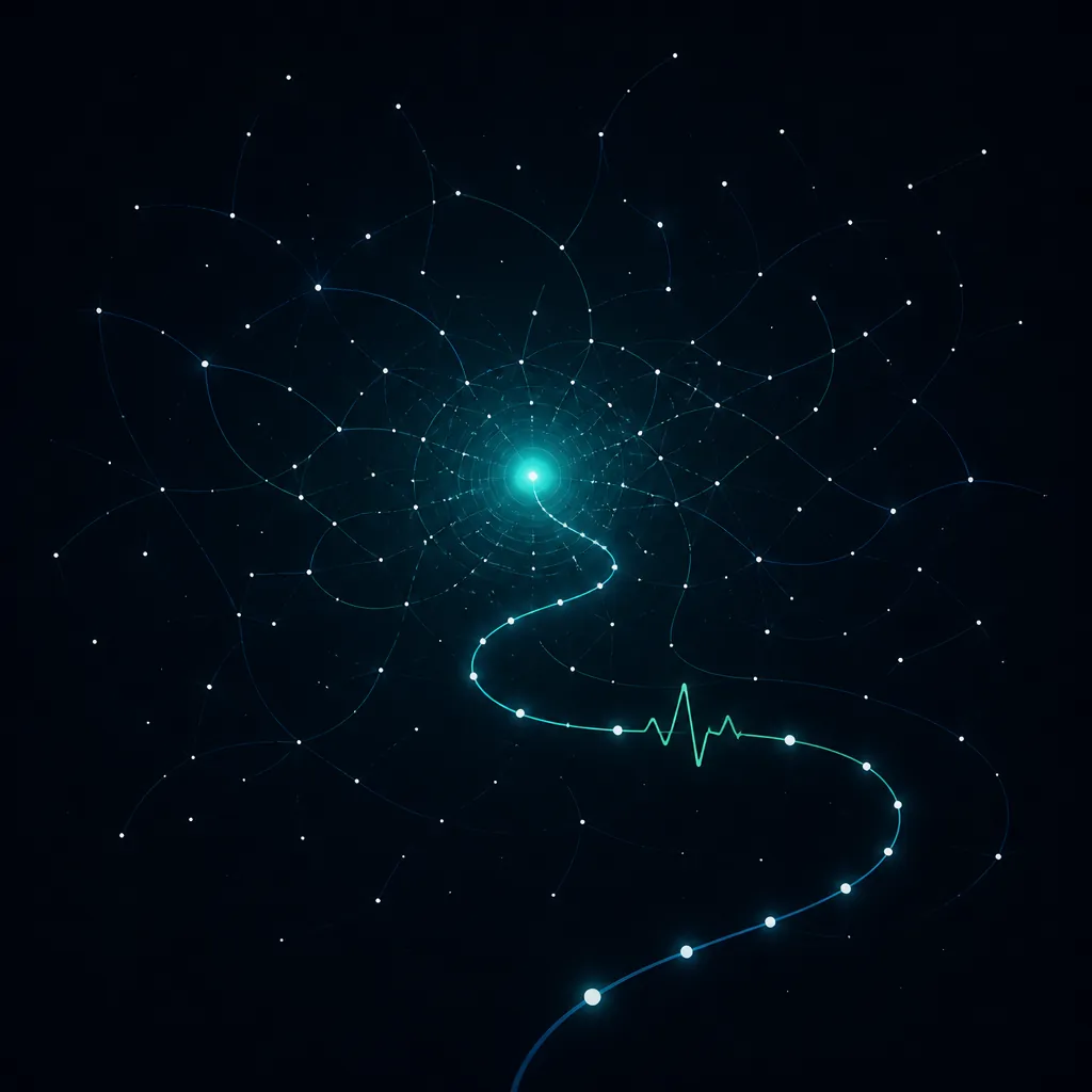 A glowing teal point at the center of a dark field of small white dots joined by faint curved lines, with one bright line winding away from it across the frame and a heartbeat wave traced along part of that line
